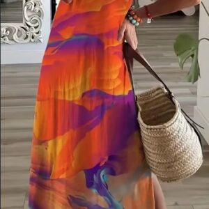 Floral Print Side Split Dress, Casual V Neck Short Sleeve Dress, Women's Clothing