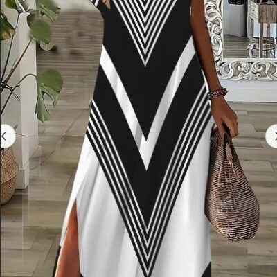 Color Block V Neck Dress, Elegant Short Sleeve Slit Dress For Spring & Summer, Women's Clothing