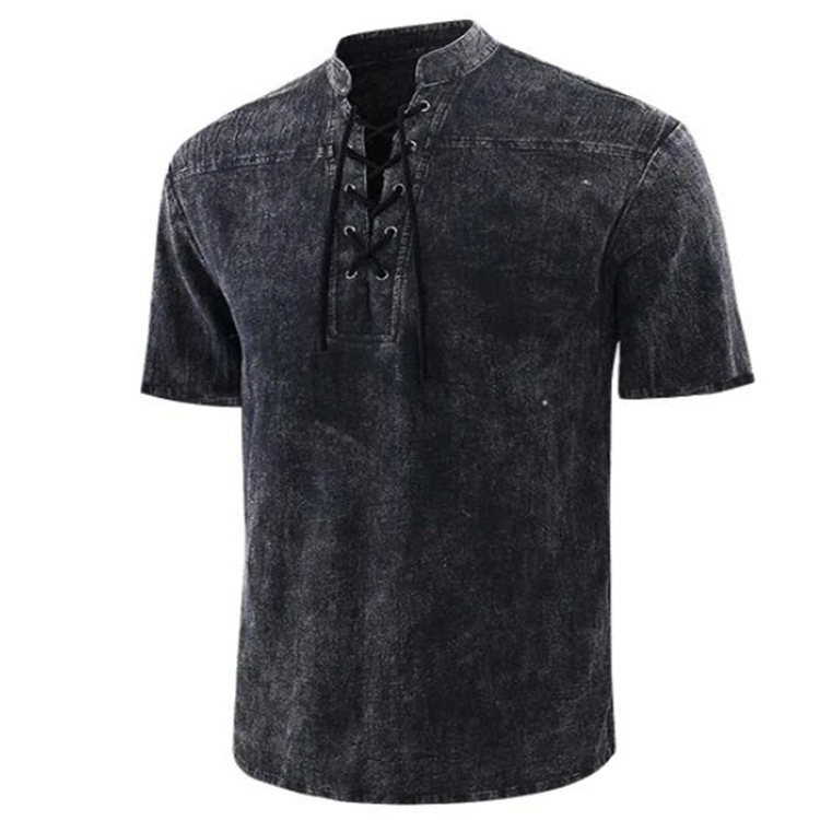 Retro Shirt Men Tie Collar Short-sleeved Shirt Summer - Image 2
