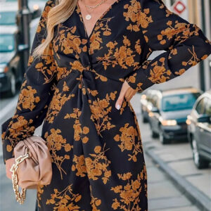 Floral Print Twist V Neck Dress, Elegant Long Sleeve Dress For Spring & Fall, Women's Clothing