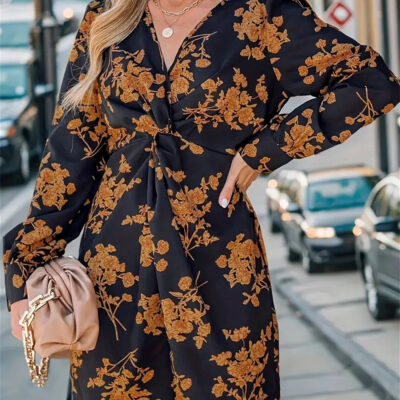 Floral Print Twist V Neck Dress, Elegant Long Sleeve Dress For Spring & Fall, Women's Clothing