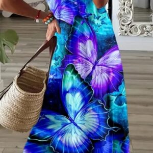 Plus Size Butterfly Print V Neck Dress - Flattering & Comfortable - Perfect For Spring & Summer - Stylish Casual Wear For Curvy Women