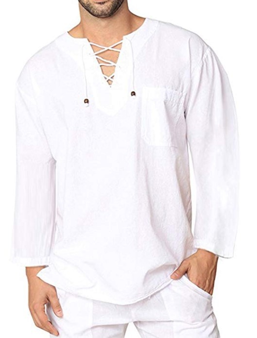 Eyelet Tie Cotton Linen Men's Shirt - Image 4