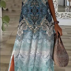 Vibrant Plus Size Ethnic Print Longline Dress - Stylish Split Side, Casual Short Sleeve V Neck Design For Spring & Summer - Women's Plus Size Clothing For Confident Fashionistas