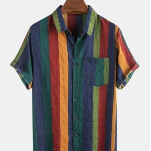 Men's Thin And Breathable Cotton Colorful Stripes Holiday Short Sleeve Shirt