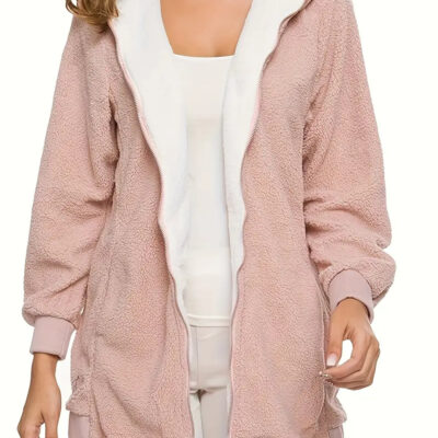 Zip Up Fuzzy Hooded Coat, Casual Pocket Long Sleeve Warm Outerwear For Fall & Winter, Women's Clothing
