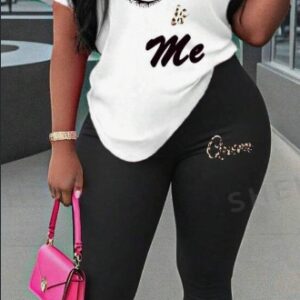 Unisex Face & Letter Printed Round Neck Short Sleeve T-Shirt And Long Pants, Sexy Style