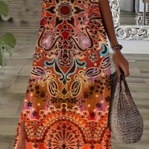 Boho-Chic Plus Size Floral Print Dress With Side Slit - V-Neck, Short Sleeve, Perfect For Spring & Summer