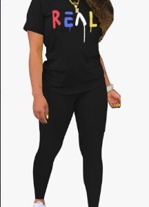 Women's Alphabet Printed Round Neck T-Shirt And Leggings Set