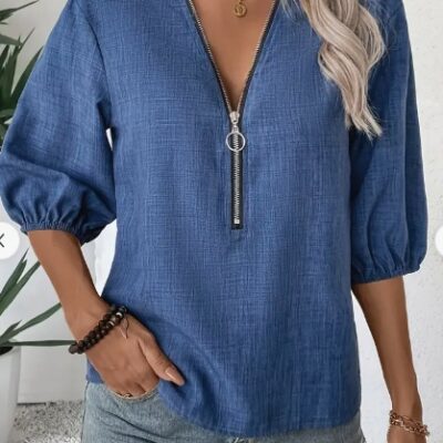 Elegant Deep V-Neck Zip-Up Blouse For Women - Chic Spring Fall Fashion,  Machine Washable, Design, Sleeve