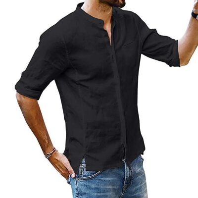Solid Color Stand Collar Linen Mid Sleeve Shirt Men's T-Shirt