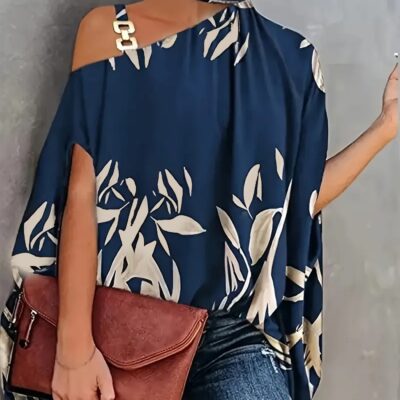 Leaves Print One Shoulder Blouse, Elegant Chain Strap Mock Neck Short Sleeve Blouse For Spring & Summer, Women's Clothing