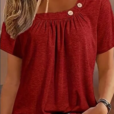 Charming Ruched Solid Blouse - Flattering Asymmetrical Hem, Lightweight Short Sleeves - Trendy Womens Casual Top For Everyday Style