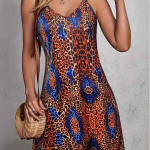 Leopard Print V Neck Cami Dress, Vacation Sleeveless Dress For Spring & Summer, Women's Clothing
