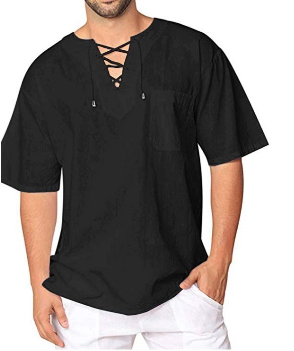 Eyelet Tie Cotton Linen Men's Short Sleeve Shirt - Image 3