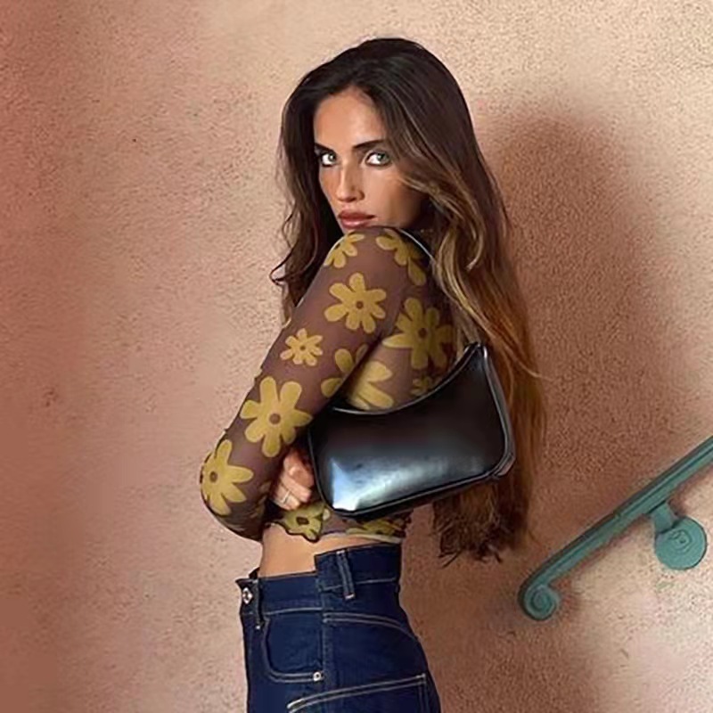 Women's Fashion Round Neck Slim-fitting Patchwork Printed Long Sleeve - Image 3