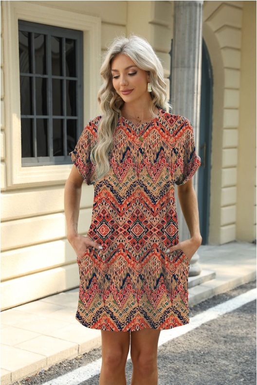 Loose Crew Neck Short Sleeve Printed Pocket Dress - Image 5