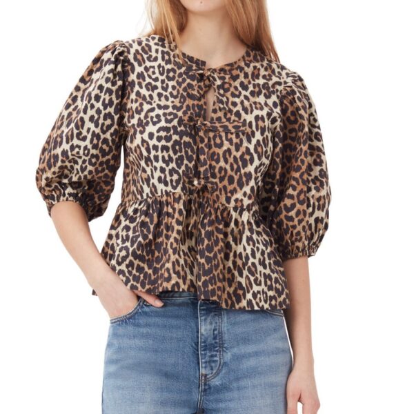 Fashion Printed Shirt Half Sleeve Lace-up Top