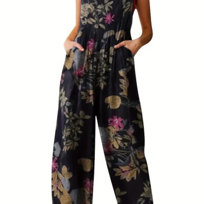 Women's Ethnic Style Suspender Button Printing Jumpsuit