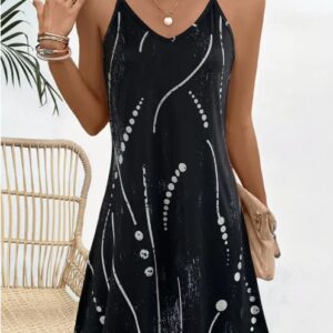Casual Sleeveless Spring & Summer Geo Print V Neck Cami Dress, Women's Clothing