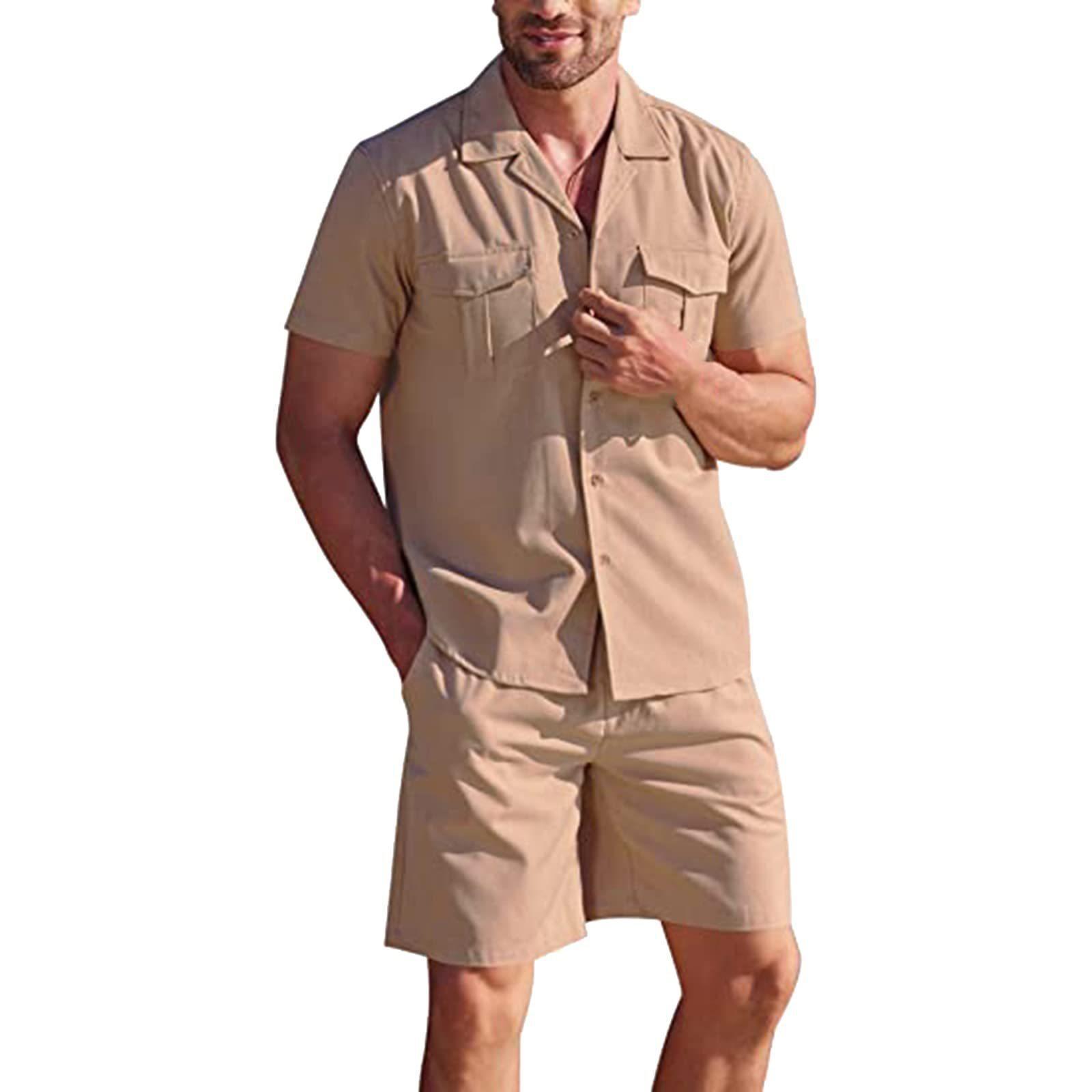 Lapel Collar Short Sleeve Shirt Set With Pockets Loose Casual Shirt And Shorts Summer - Image 5