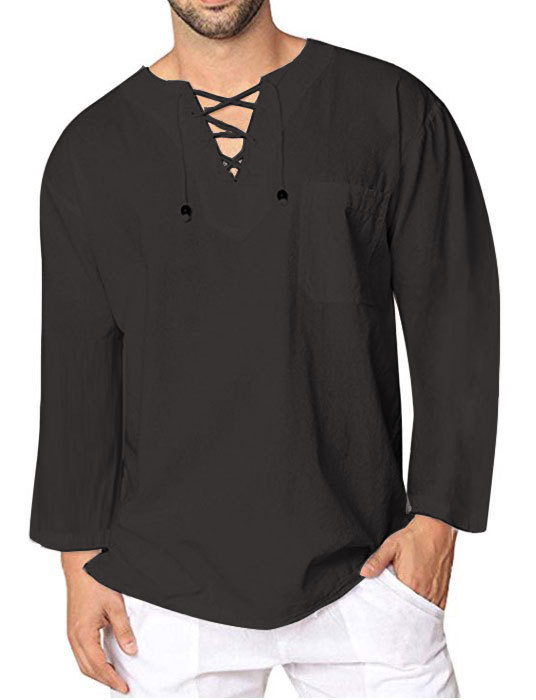 Eyelet Tie Cotton Linen Men's Shirt - Image 5