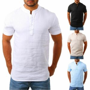 Stand Collar Cotton Linen Long Sleeve Shirt