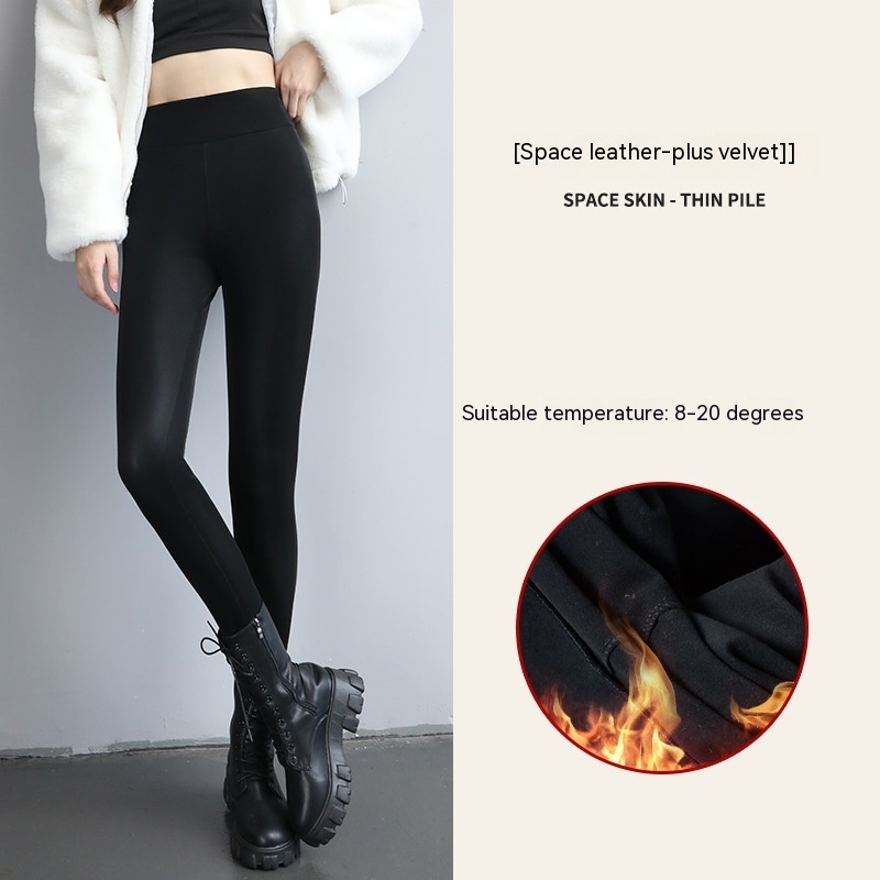 PU Fleece-lined High Waist Slimming Windproof Waterproof Leggings - Image 6