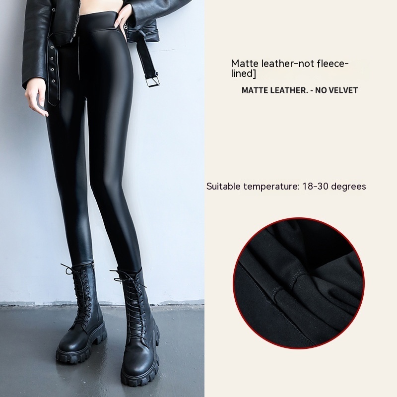 PU Fleece-lined High Waist Slimming Windproof Waterproof Leggings - Image 3