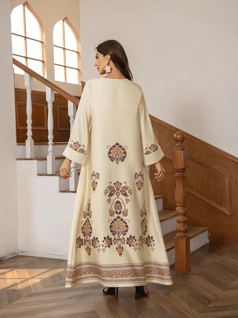 Elegant Floral Printed Abaya Middle Eastern Muslim Clothing For Women - Image 3