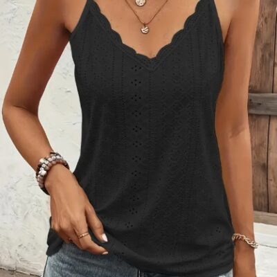 Solid Color V Neck Eyelet Cami Top, Elegant Scallop Trim Sleeveless Top For Spring & Summer, Women's Clothing