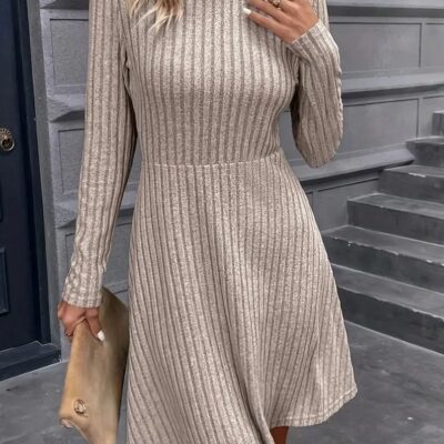 Button Decor Mock Neck Dress, Elegant Long Sleeve Aline Dress For Spring & Fall, Women's Clothing