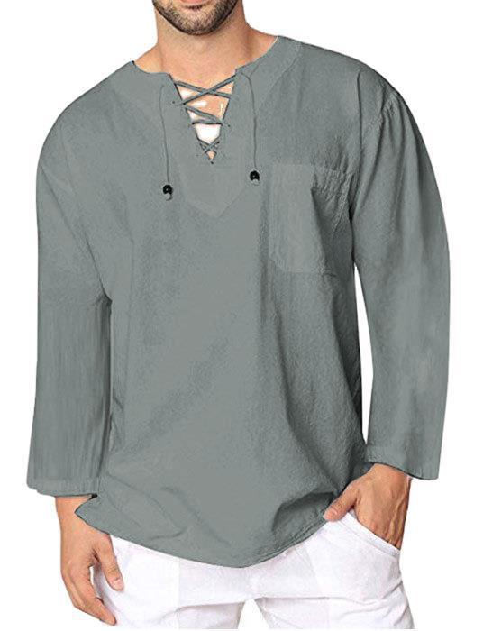 Eyelet Tie Cotton Linen Men's Shirt - Image 3