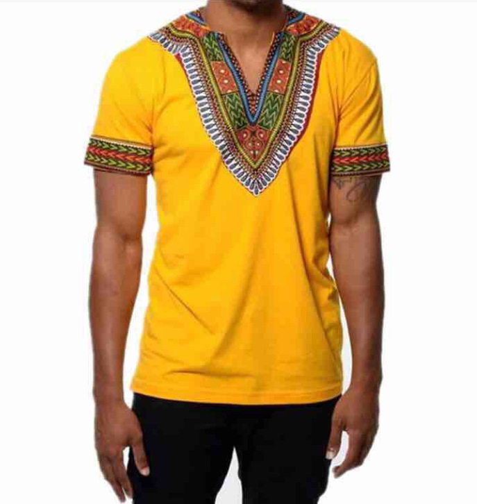 Ethnic Style Solid Color Printed V-neck Short-sleeved Loose Men's T-shirt