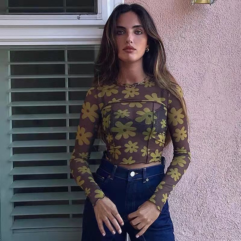 Women's Fashion Round Neck Slim-fitting Patchwork Printed Long Sleeve