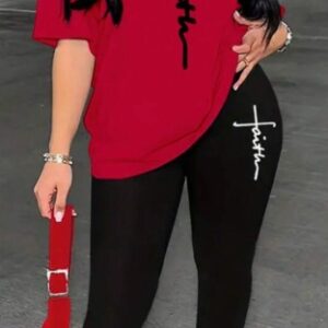 Women's Alphabet Printed Round Neck T-Shirt And Leggings Set