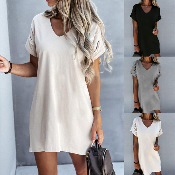 Women's Short Sleeve V-neck Solid Color Loose Dress