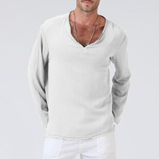 Linen Ethnic Style Loose Men's V-neck Solid Color Long-sleeved T-shirt - Image 4