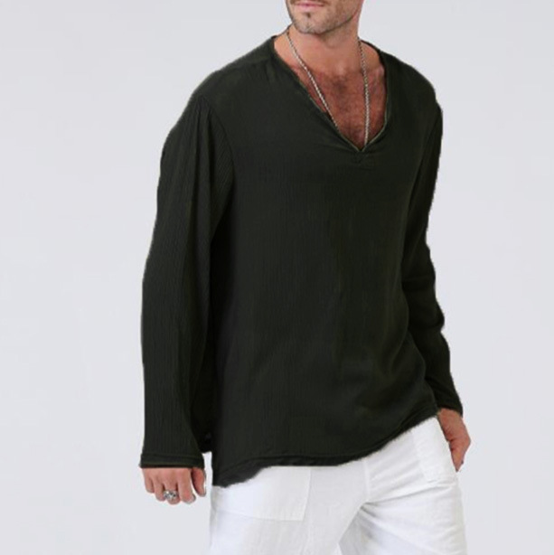 Linen Ethnic Style Loose Men's V-neck Solid Color Long-sleeved T-shirt - Image 7