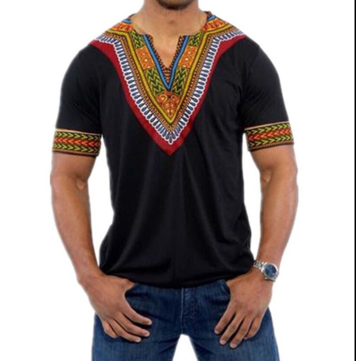 Ethnic Style Solid Color Printed V-neck Short-sleeved Loose Men's T-shirt - Image 4