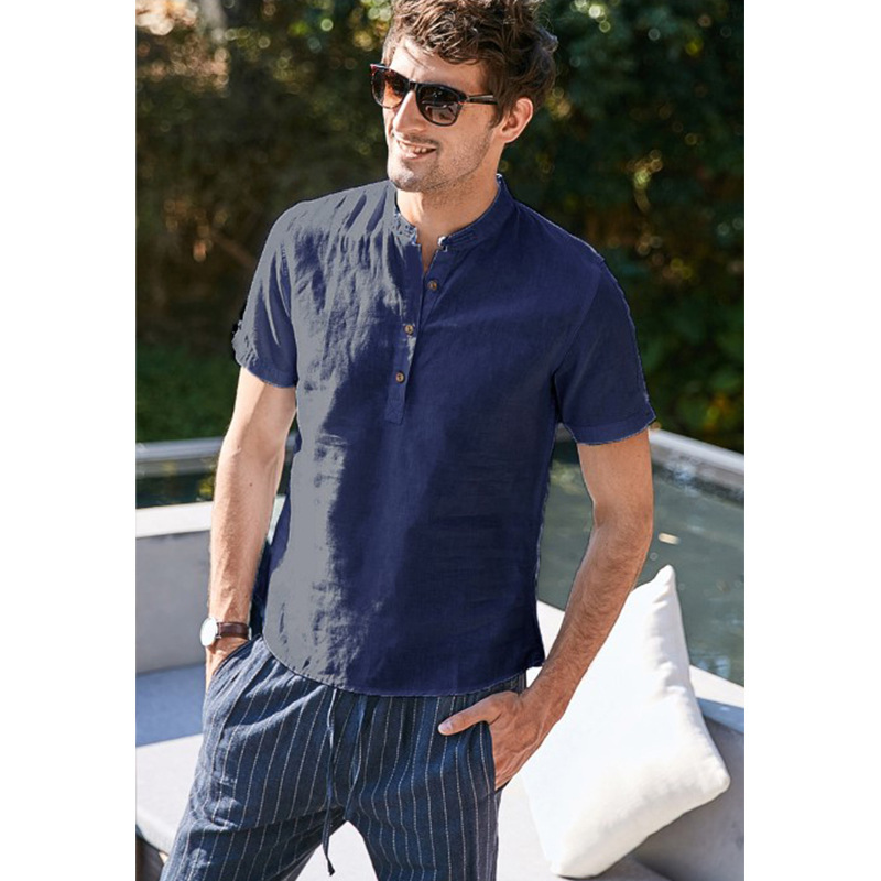 Men's Linen Short Sleeve Stand Collar Shirt - Image 2