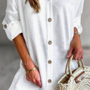 Women'S Simple Button-Down Casual Long Sleeved Shirt Dress Relaxing Resort Style Adjust Sleeve Length Shirt Dress