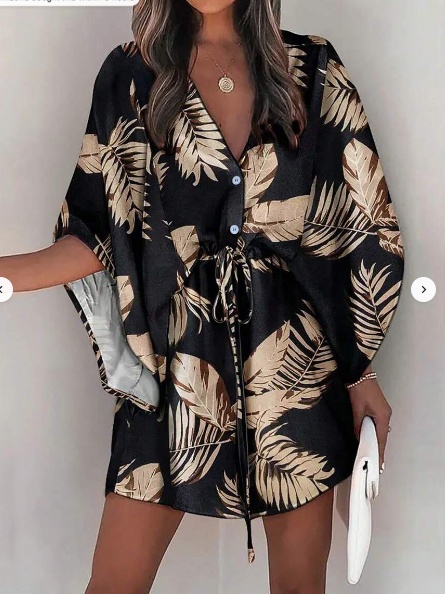 Women's Printed Batwing Sleeve Dress With Botanical Design - Image 3