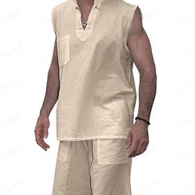 Men's Casual Solid Color Lace-Up Vest Two-Piece Set
