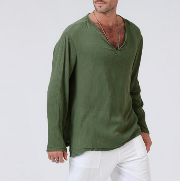 Linen Ethnic Style Loose Men's V-neck Solid Color Long-sleeved T-shirt - Image 2