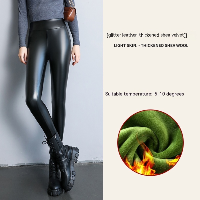 PU Fleece-lined High Waist Slimming Windproof Waterproof Leggings - Image 10