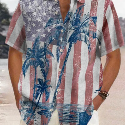 Men'sLoose-fit Relaxed Relaxed Vacation Palm Tree Flag Shirt