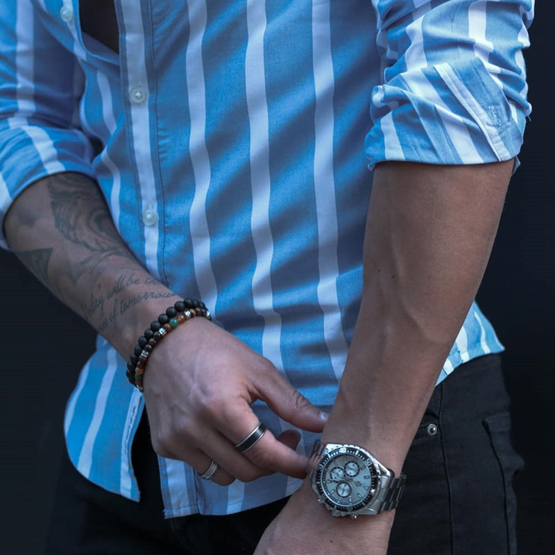 European And American Men's Stand Collar Striped Shirt - Image 3