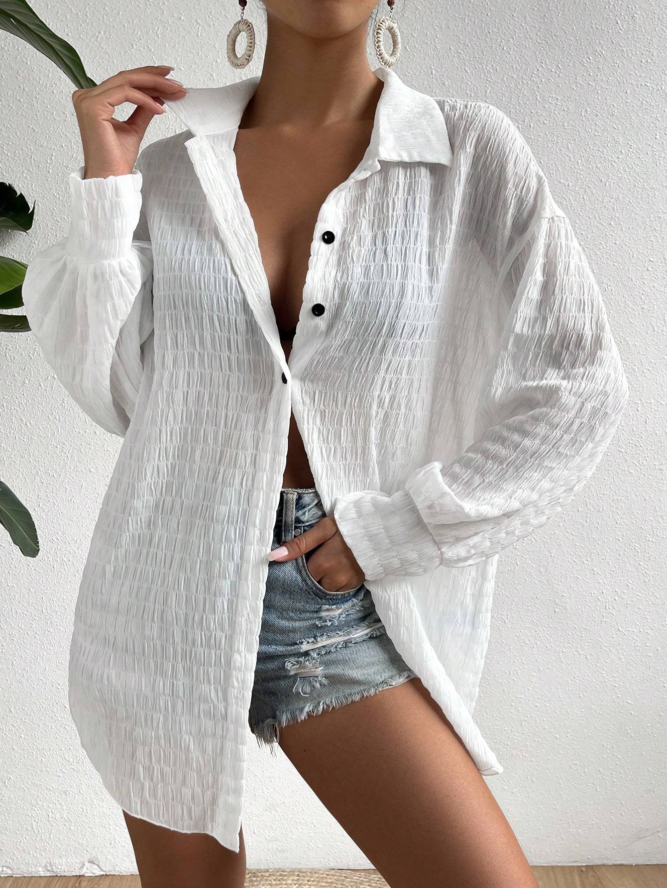 Drop Shoulder Button Front Kimono,Long Sleeve Tops - Image 4
