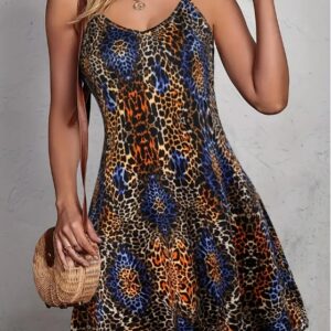 Leopard Print V Neck Cami Dress, Vacation Sleeveless Dress For Spring & Summer, Women's Clothing